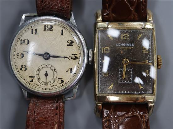 A gentlemans 10k filled Longines manual wind wrist watch with brown rectangular dial and one other wrist watch.